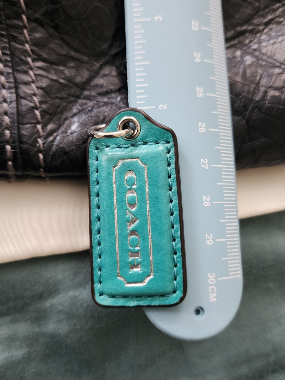 COACH Teal & Silver Leather HangTag Charm 2"